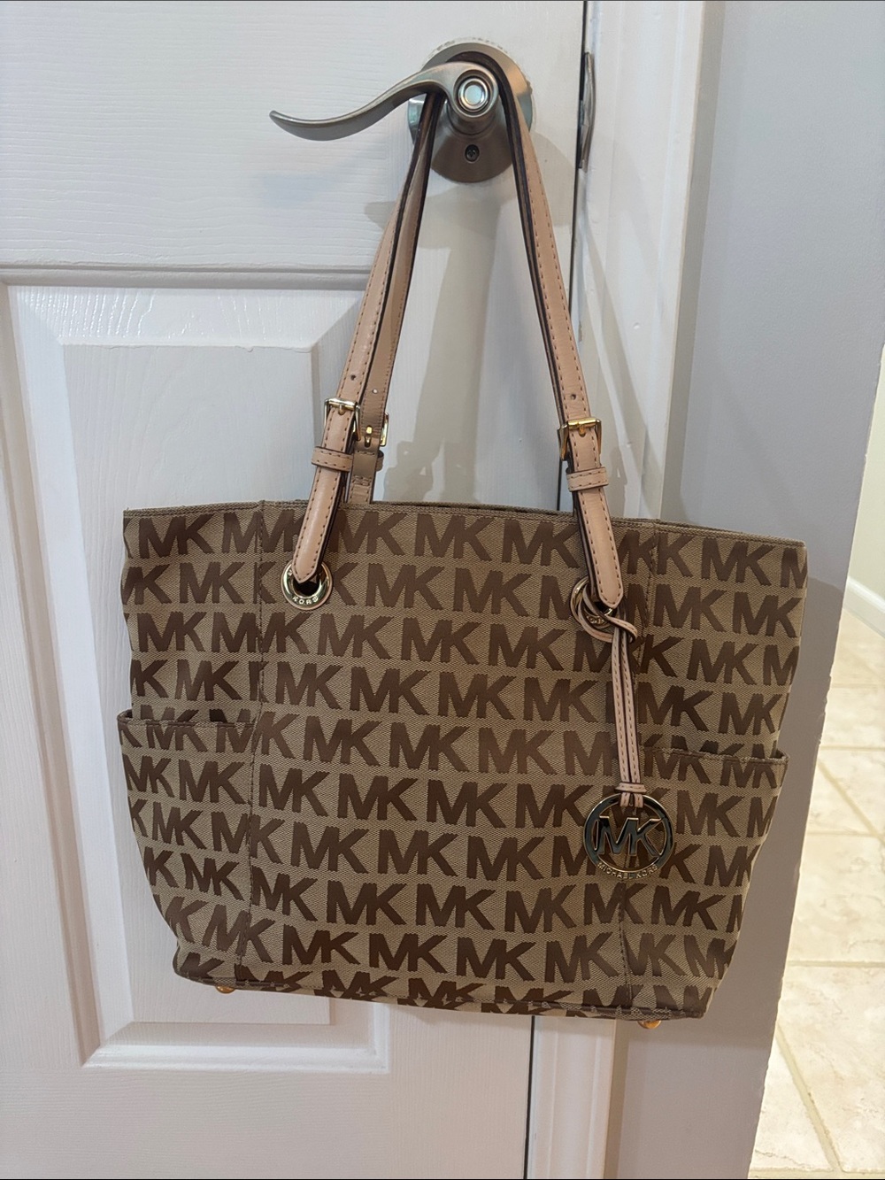 Michael Kors Brown and Beige MK Monogram Tote
